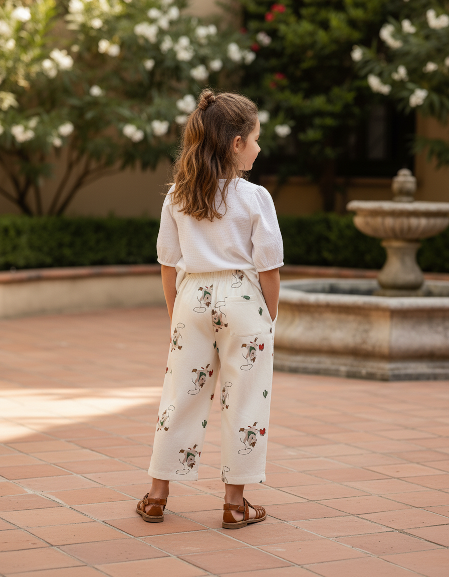 Pantalon En Lin Écru Ample Motifs Rigolos Enfant - Beige - vue 2