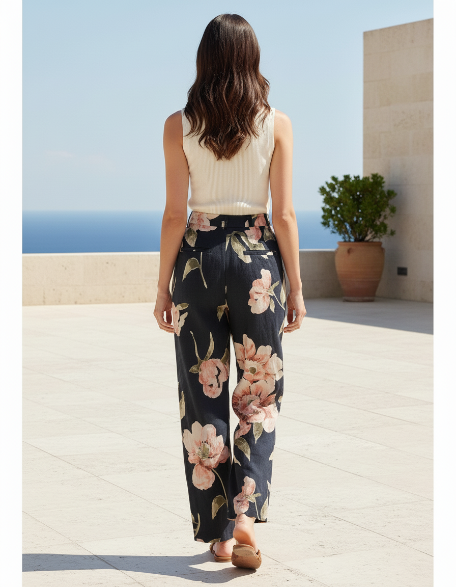 Pantalon En Lin Noir Imprimé Floral Fluide Élégant - vue 2
