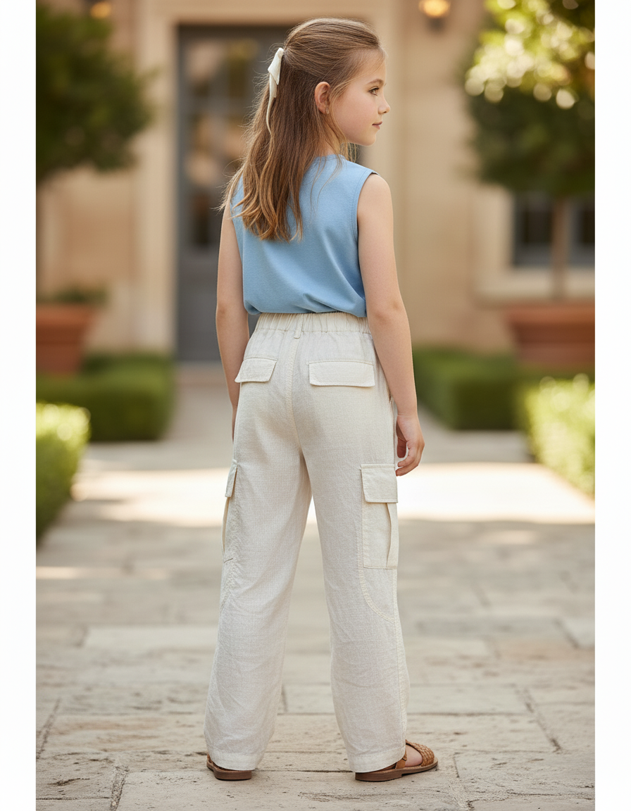 Pantalon En Lin Beige Ample Cargo Enfant Décontracté - vue 2