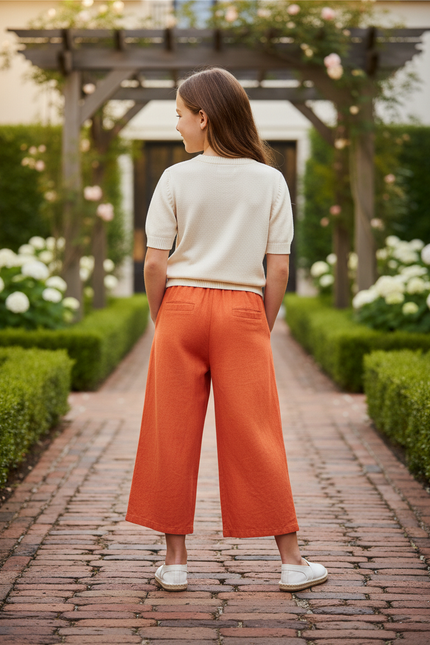 Pantalon En Lin Orange Large Fluide Confortable Fille - vue 2
