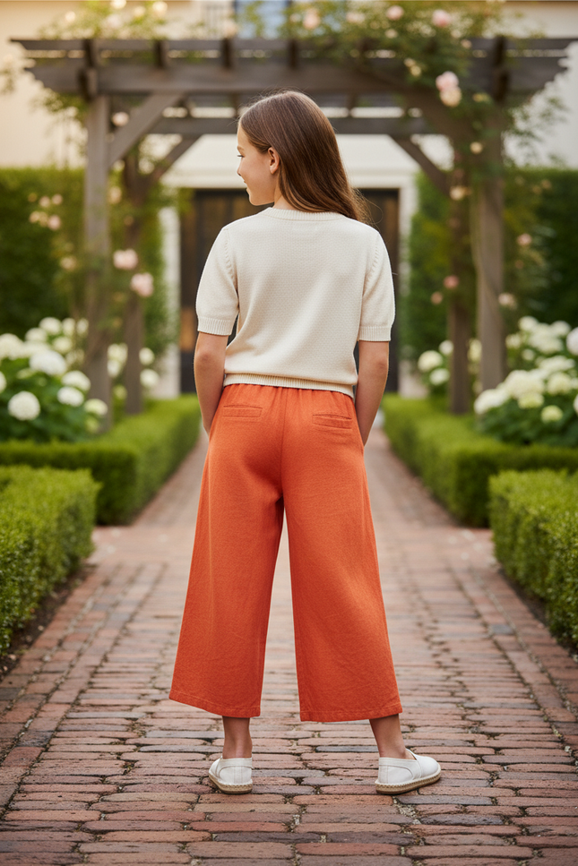 Pantalon En Lin Orange Large Fluide Confortable Fille - vue 2
