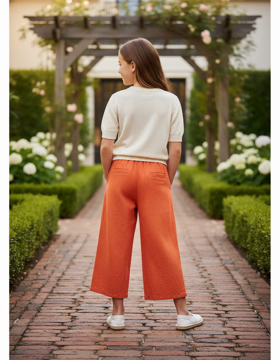Pantalon En Lin Orange Large Fluide Confortable Fille - vue 2