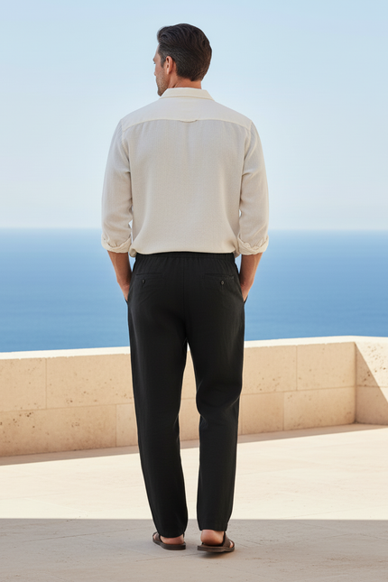 Pantalon En Lin Noir Ample Cordon Décontracté Léger - vue 2