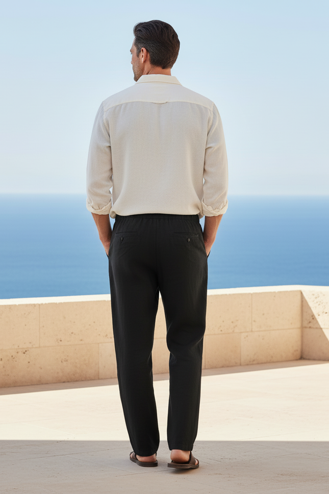 Pantalon En Lin Noir Ample Cordon Décontracté Léger - vue 2