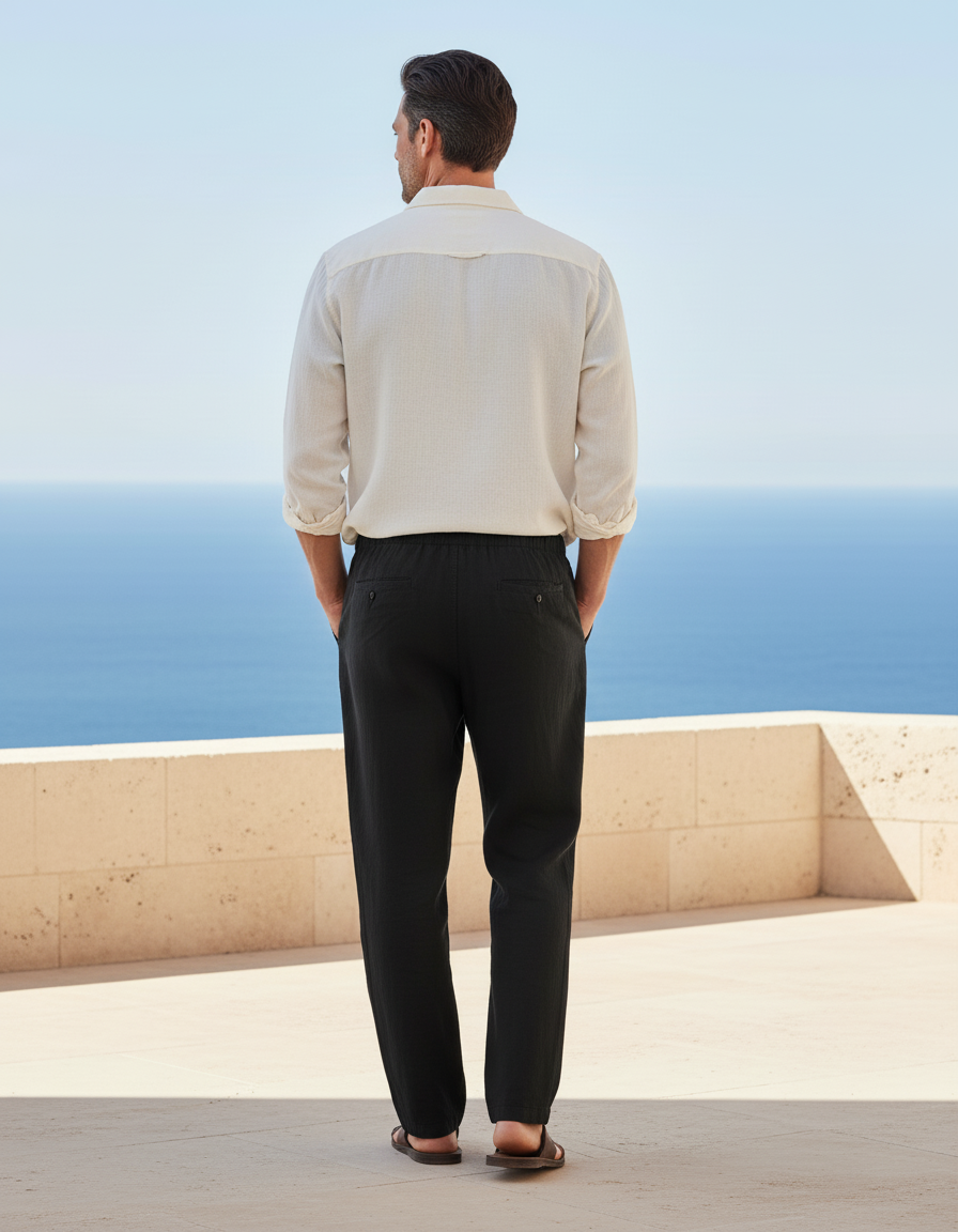 Pantalon En Lin Noir Ample Cordon Décontracté Léger - vue 2