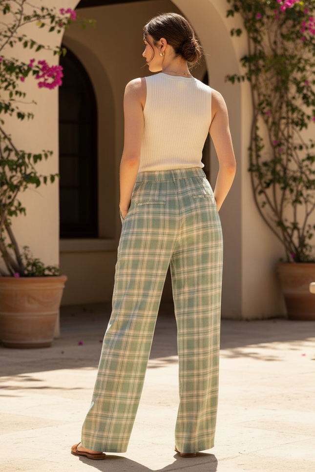 Pantalon En Lin Plaid Vert Ample Décontracté Femme - vue 2