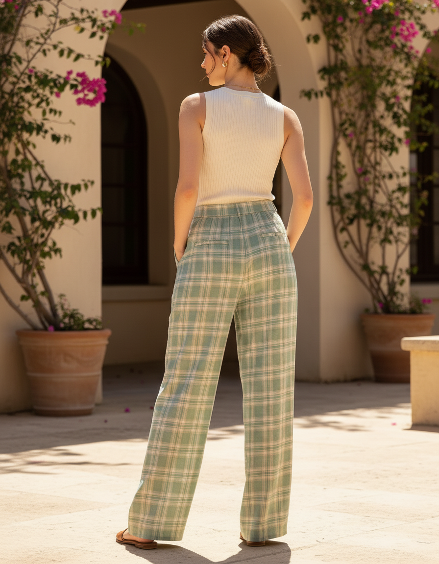 Pantalon En Lin Plaid Vert Ample Décontracté Femme - vue 2