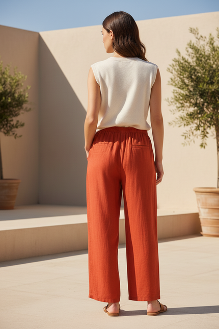 Pantalon En Lin Orange Ample Décontracté Taille Élastique Femme - vue 2
