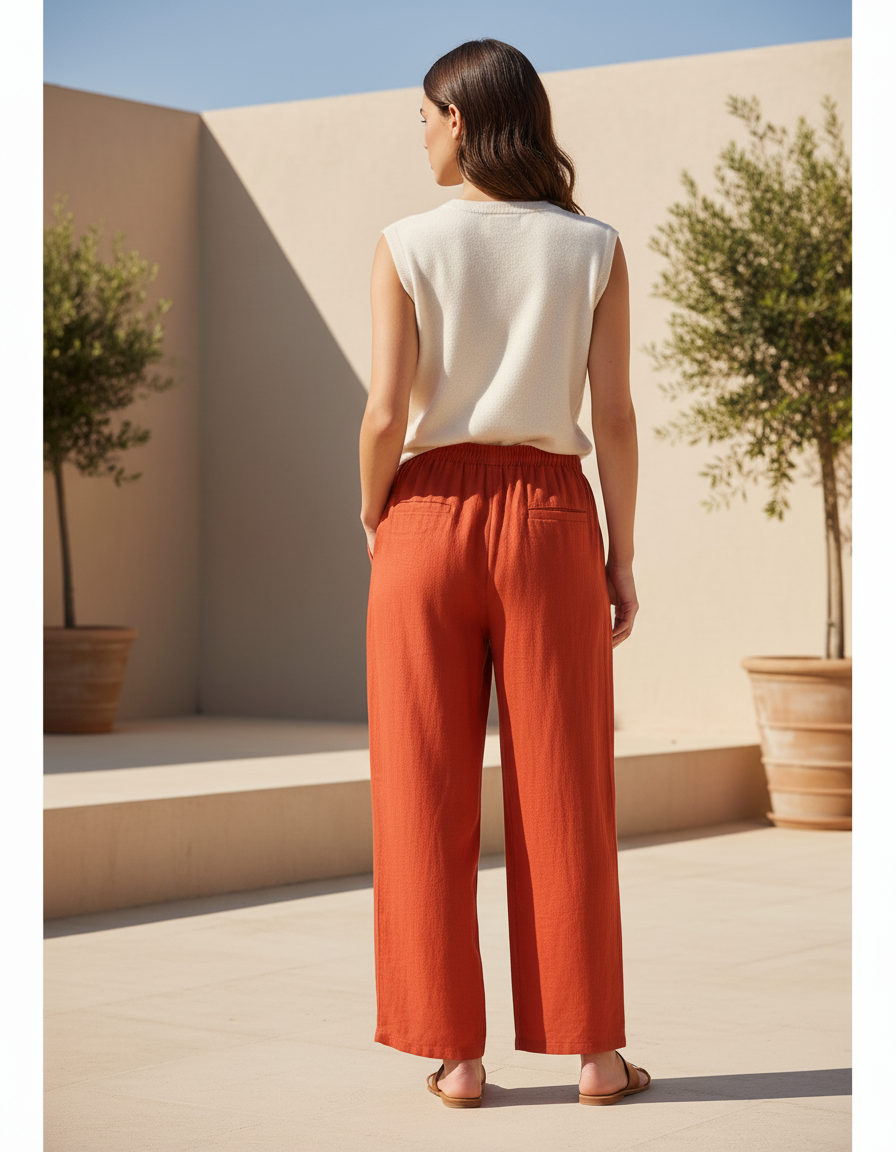 Pantalon En Lin Orange Ample Décontracté Taille Élastique Femme - vue 2