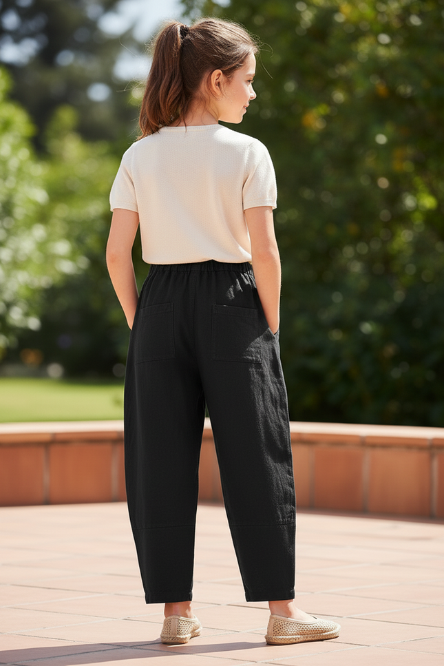 Pantalon En Lin Noir Ample Élastiqué Décontracté Fille - vue 2