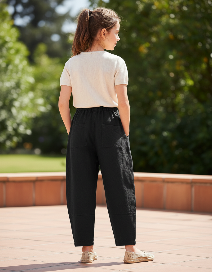 Pantalon En Lin Noir Ample Élastiqué Décontracté Fille - vue 2