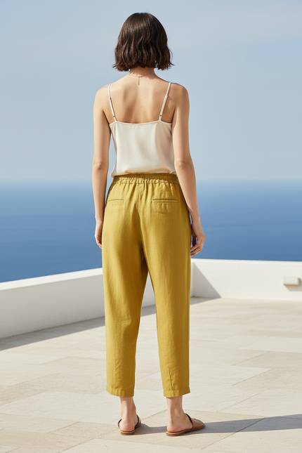 Pantalon En Lin Ample Jaune Moutarde Femme - vue 2