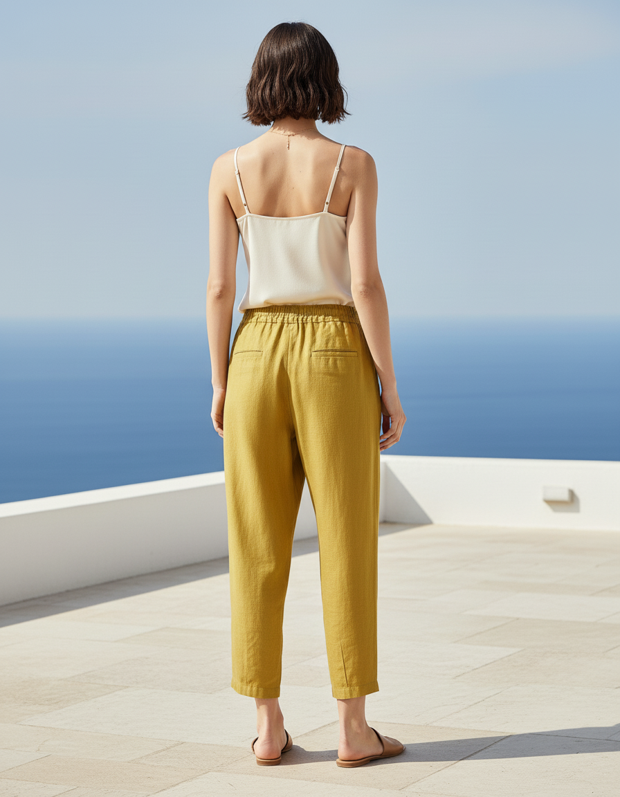 Pantalon En Lin Ample Jaune Moutarde Femme - vue 2