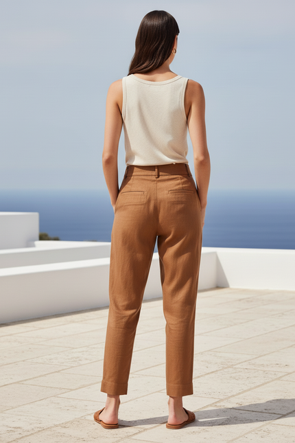 Pantalon En Lin Marron Plissé Taille Haute Ample - vue 2