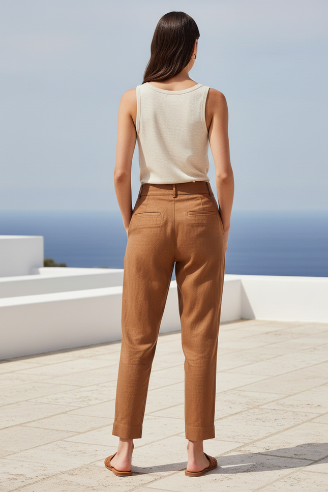 Pantalon En Lin Marron Plissé Taille Haute Ample - vue 2