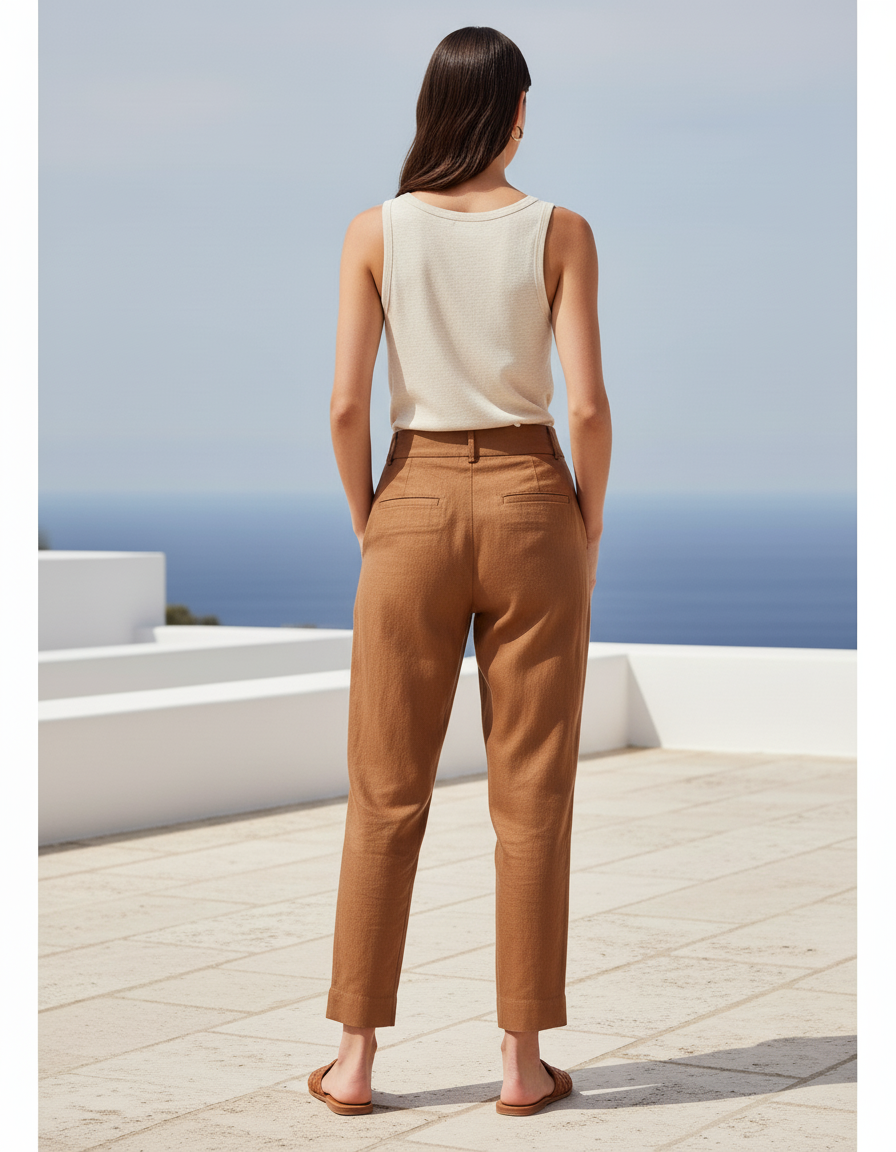 Pantalon En Lin Marron Plissé Taille Haute Ample - vue 2