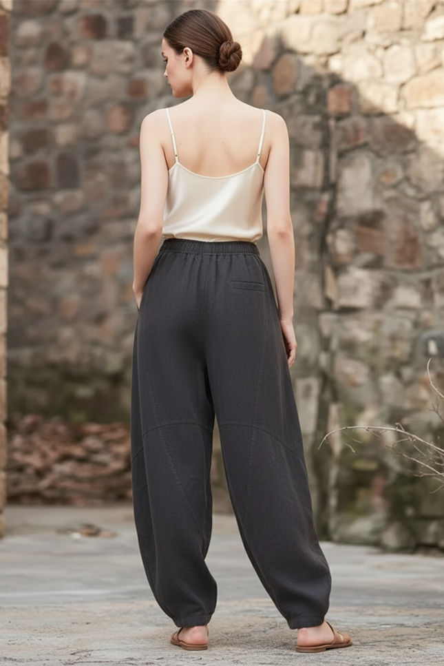 Pantalon En Lin Ample Gris Foncé Taille Élastique - vue 2