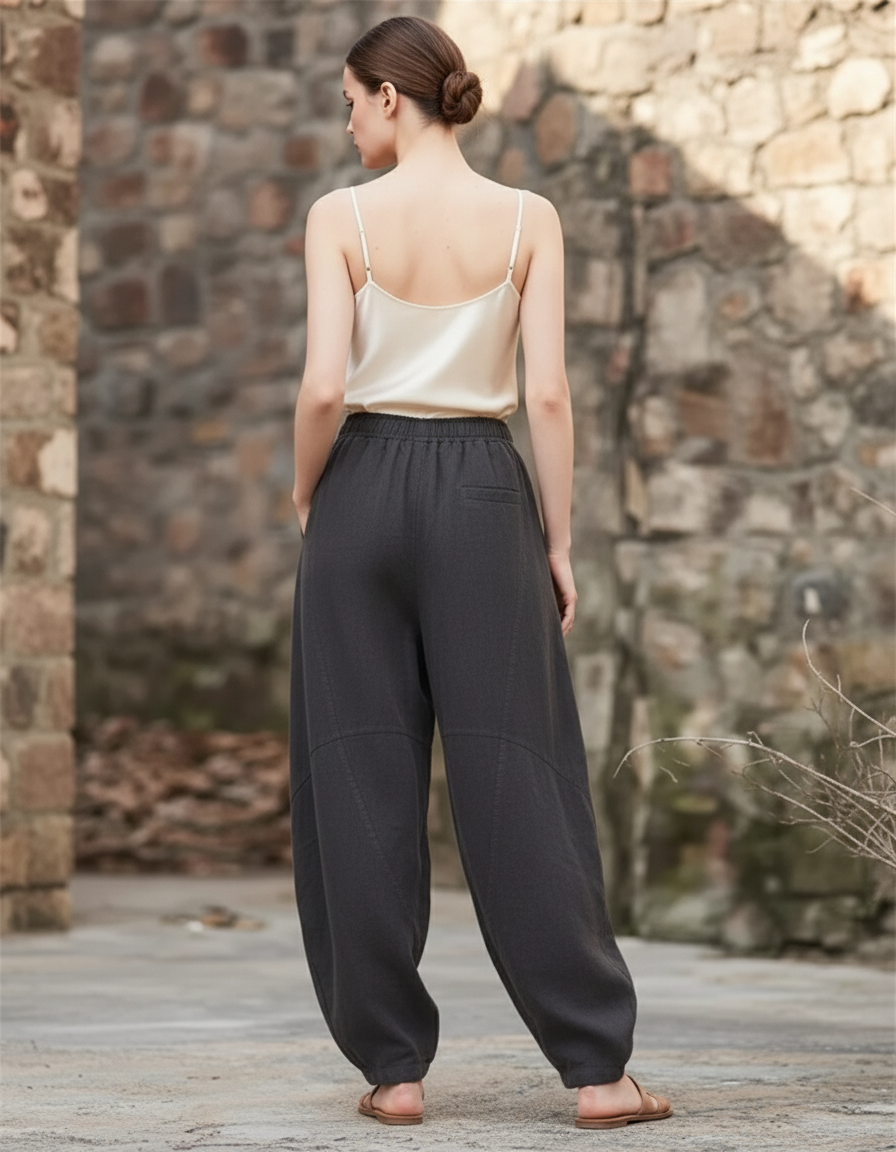 Pantalon En Lin Ample Gris Foncé Taille Élastique - vue 2