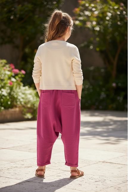 Pantalon En Lin Fuchsia Ample Confortable Fille - Rose - vue 2