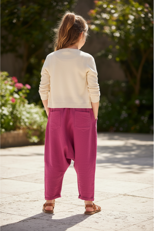 Pantalon En Lin Fuchsia Ample Confortable Fille - Rose - vue 2
