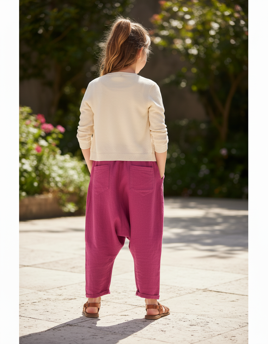 Pantalon En Lin Fuchsia Ample Confortable Fille - Rose - vue 2