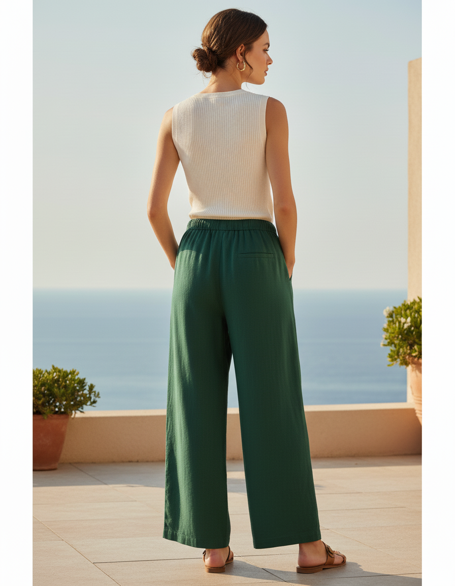 Pantalon En Lin Vert Ample Fluide Cordon Femme - vue 2