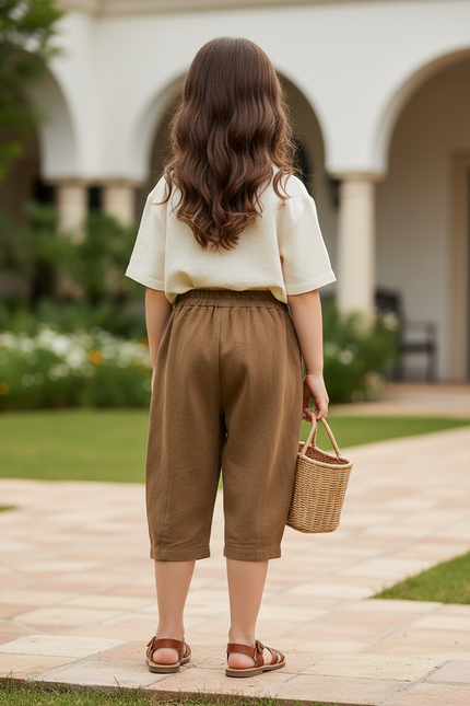 Pantalon En Lin Marron Ample Court Confortable Enfant - vue 2
