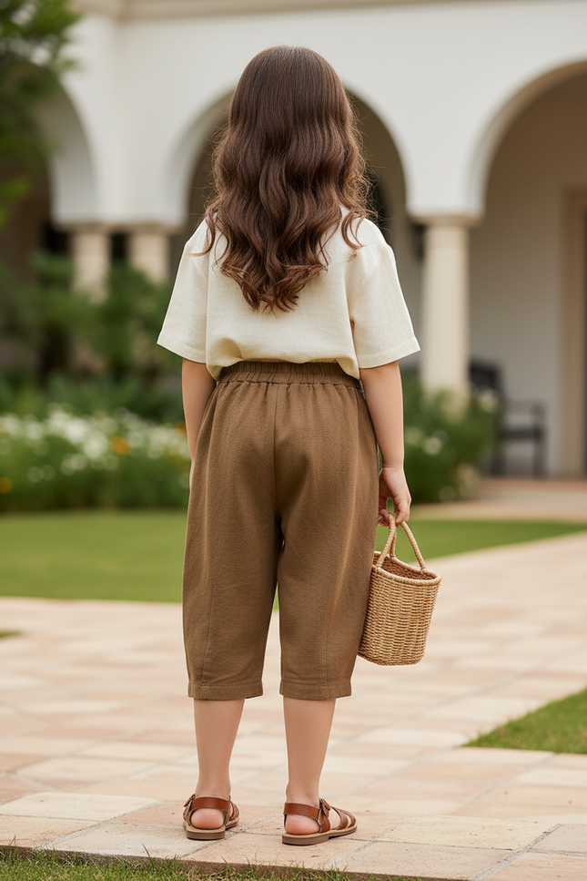 Pantalon En Lin Marron Ample Court Confortable Enfant - vue 2