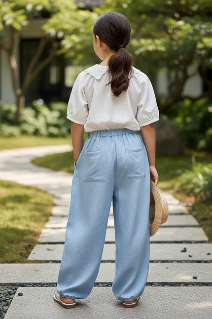 Pantalon En Lin Bleu Ample Fluide Décontracté Fille - vue 2
