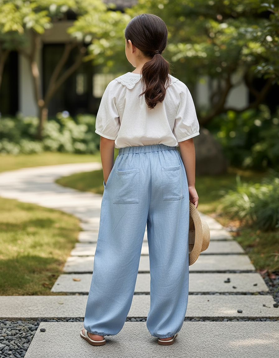 Pantalon En Lin Bleu Ample Fluide Décontracté Fille - vue 2