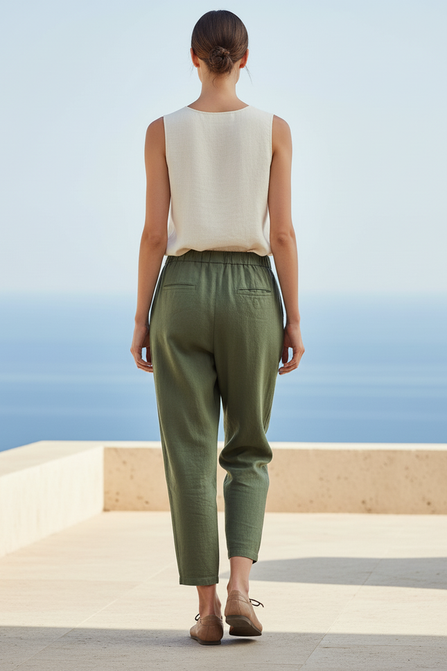 Pantalon Lin Vert Kaki - vue 2