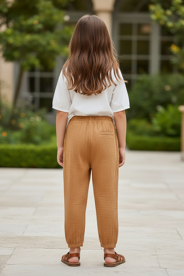 Pantalon En Lin Ample Marron Fille Décontracté Confortable - Camel - vue 2