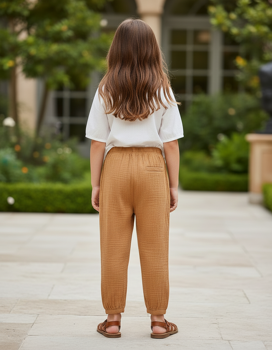 Pantalon En Lin Ample Marron Fille Décontracté Confortable - Camel - vue 2