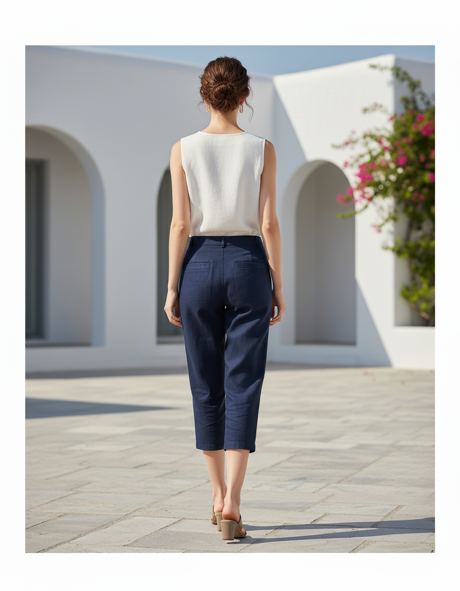 Pantalon En Lin Bleu Marine Coupe Droite Décontracté Femme - vue 2