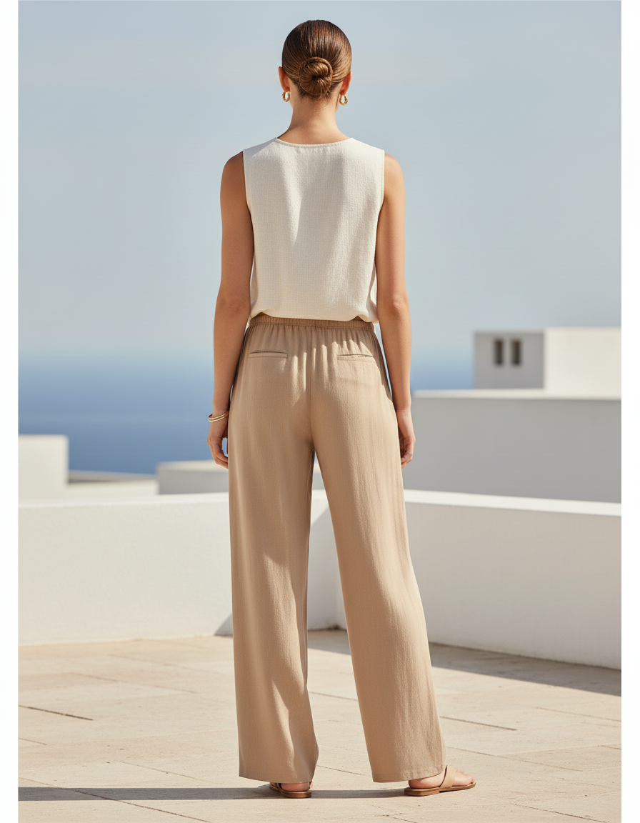 Pantalon En Lin Beige Ample Fluide Décontracté Estival - vue 2
