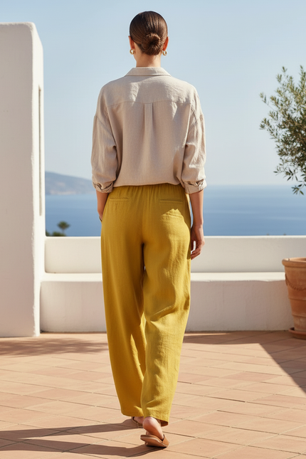Pantalon En Lin Ample Fluide Jaune Moutarde Décontracté - vue 2