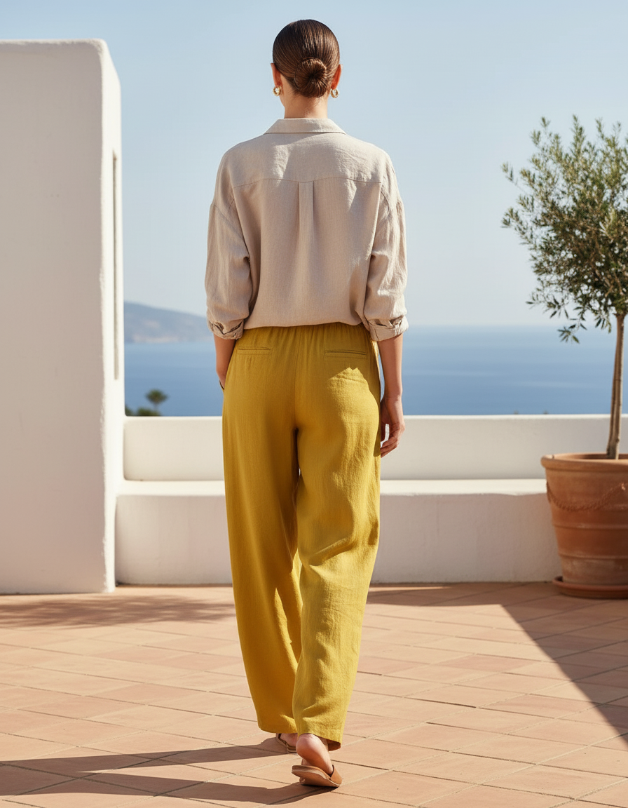 Pantalon En Lin Ample Fluide Jaune Moutarde Décontracté - vue 2