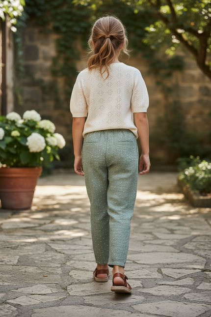 Pantalon En Lin Vert Points Blancs Ample Fille - vue 2