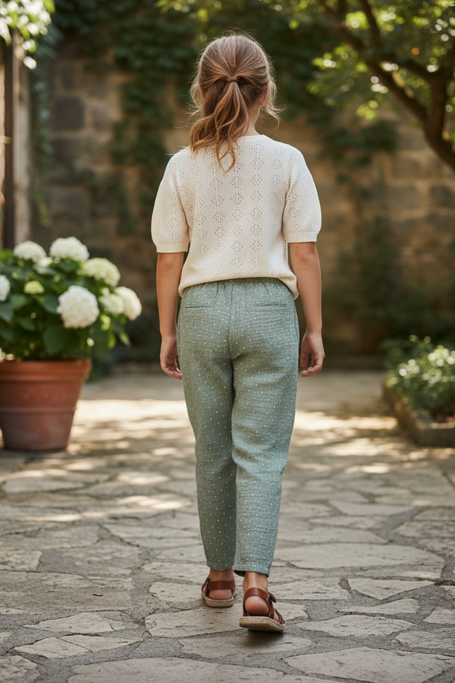 Pantalon En Lin Vert Points Blancs Ample Fille - vue 2