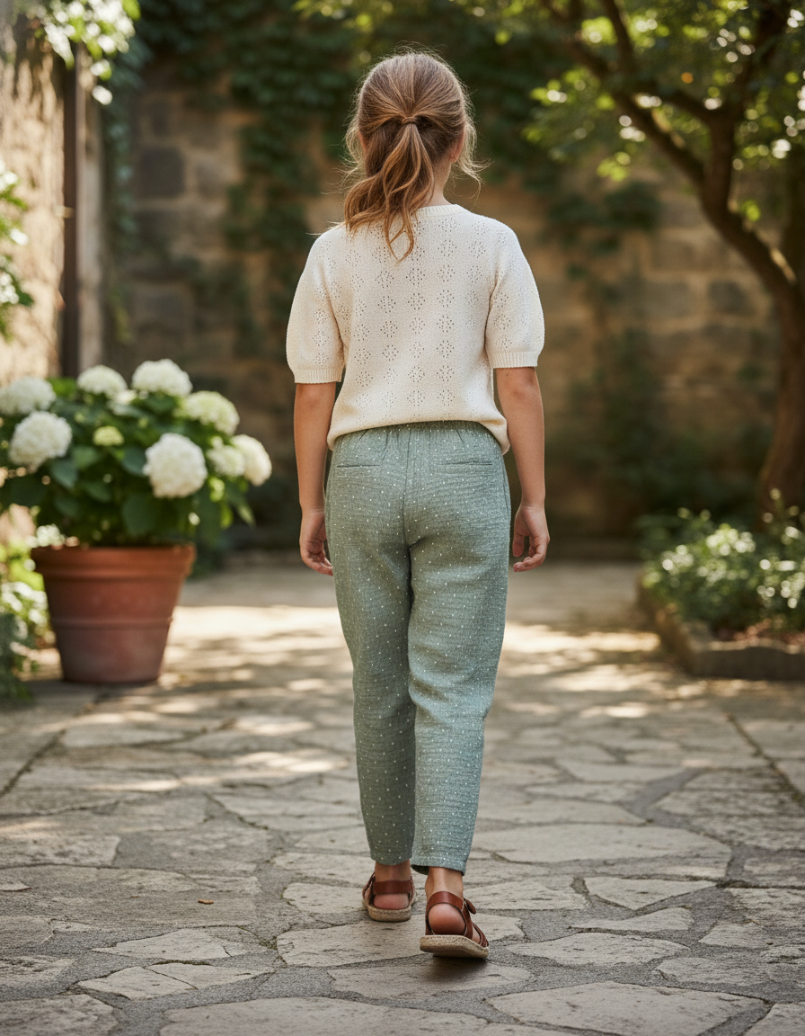 Pantalon En Lin Vert Points Blancs Ample Fille - vue 2