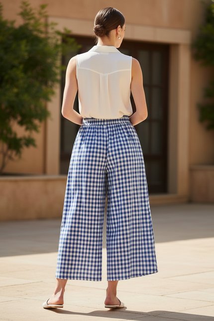 Pantalon En Lin Carreaux Bleu Ample Femme - Imprimé - vue 2