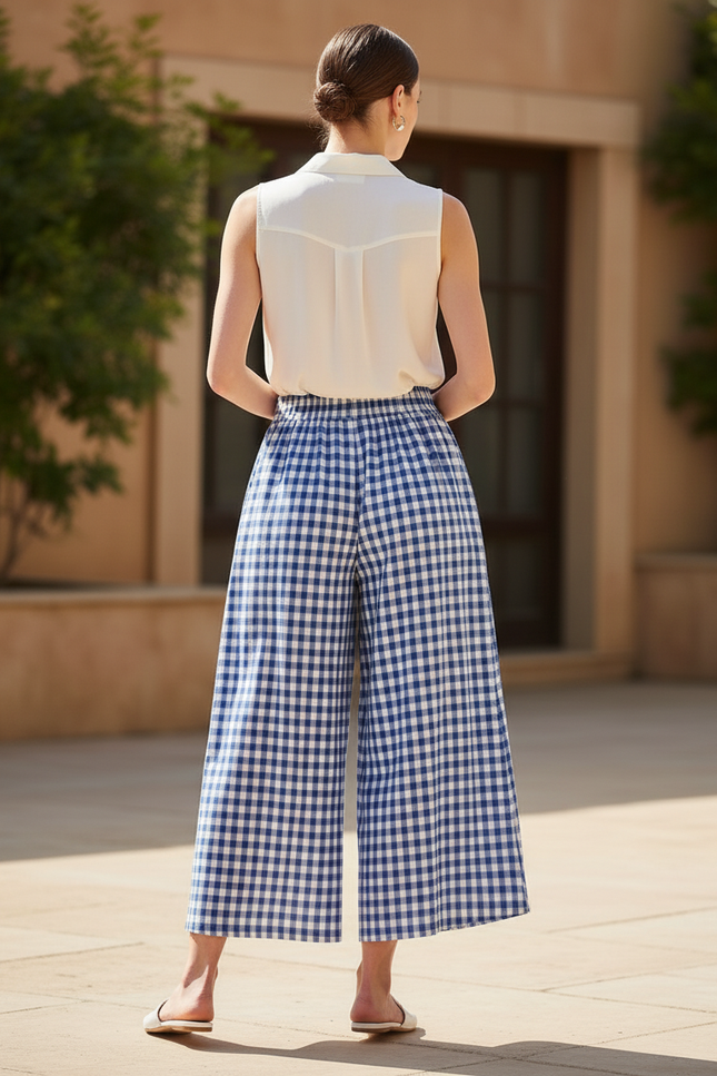 Pantalon En Lin Carreaux Bleu Ample Femme - Imprimé - vue 2