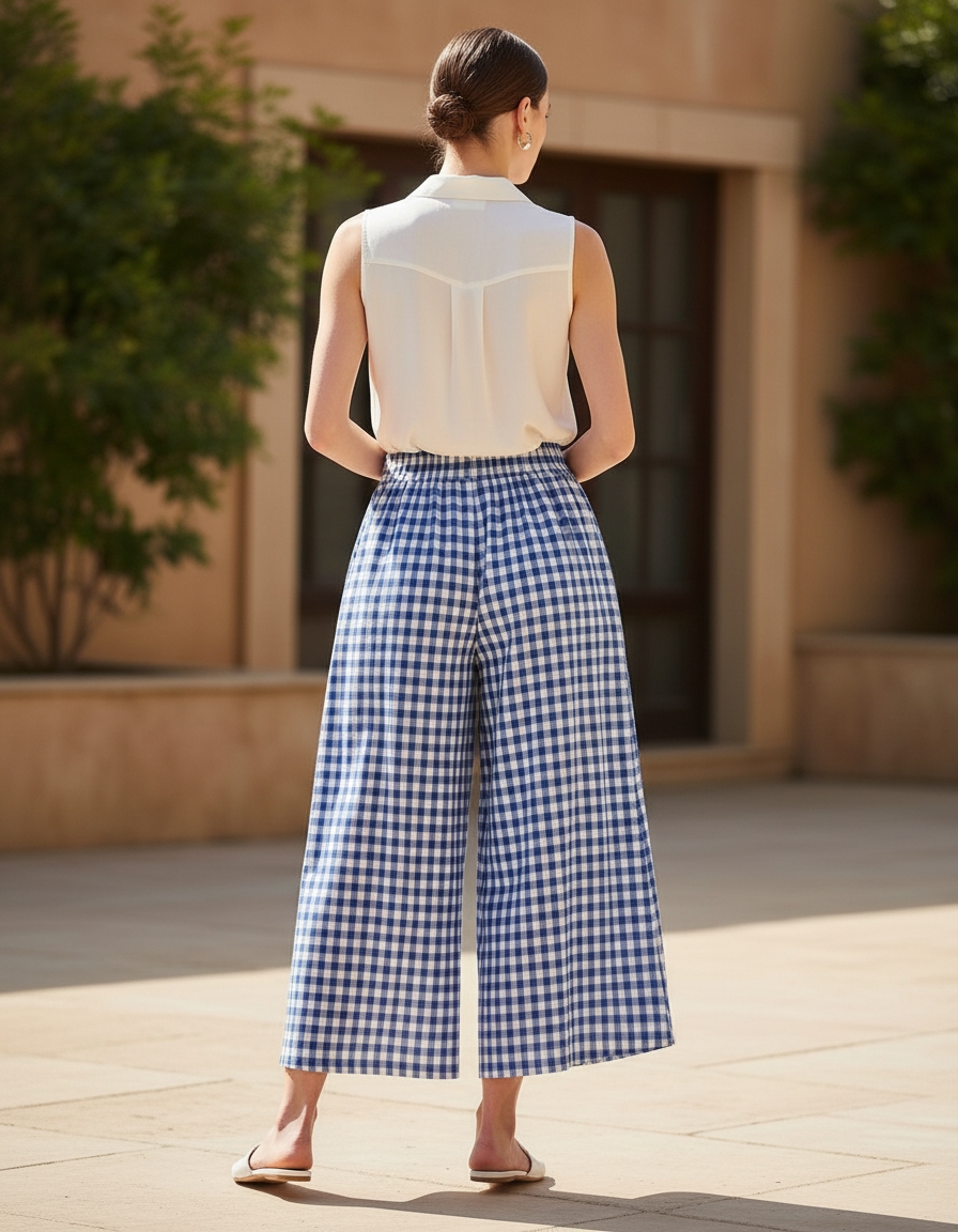 Pantalon En Lin Carreaux Bleu Ample Femme - Imprimé - vue 2