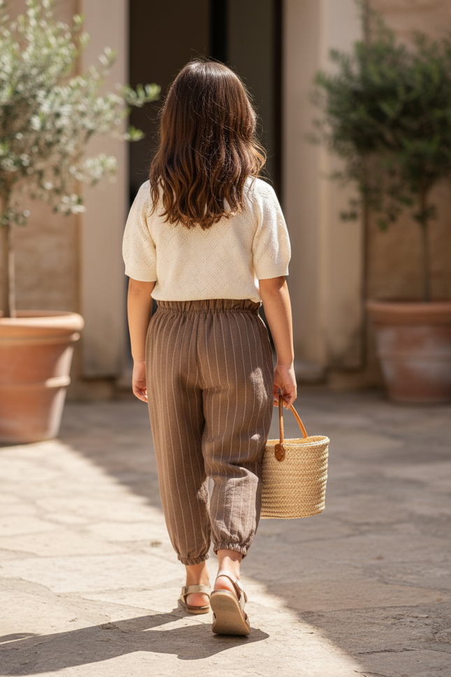 Pantalon En Lin Rayé Marron Ample Enfant - vue 2