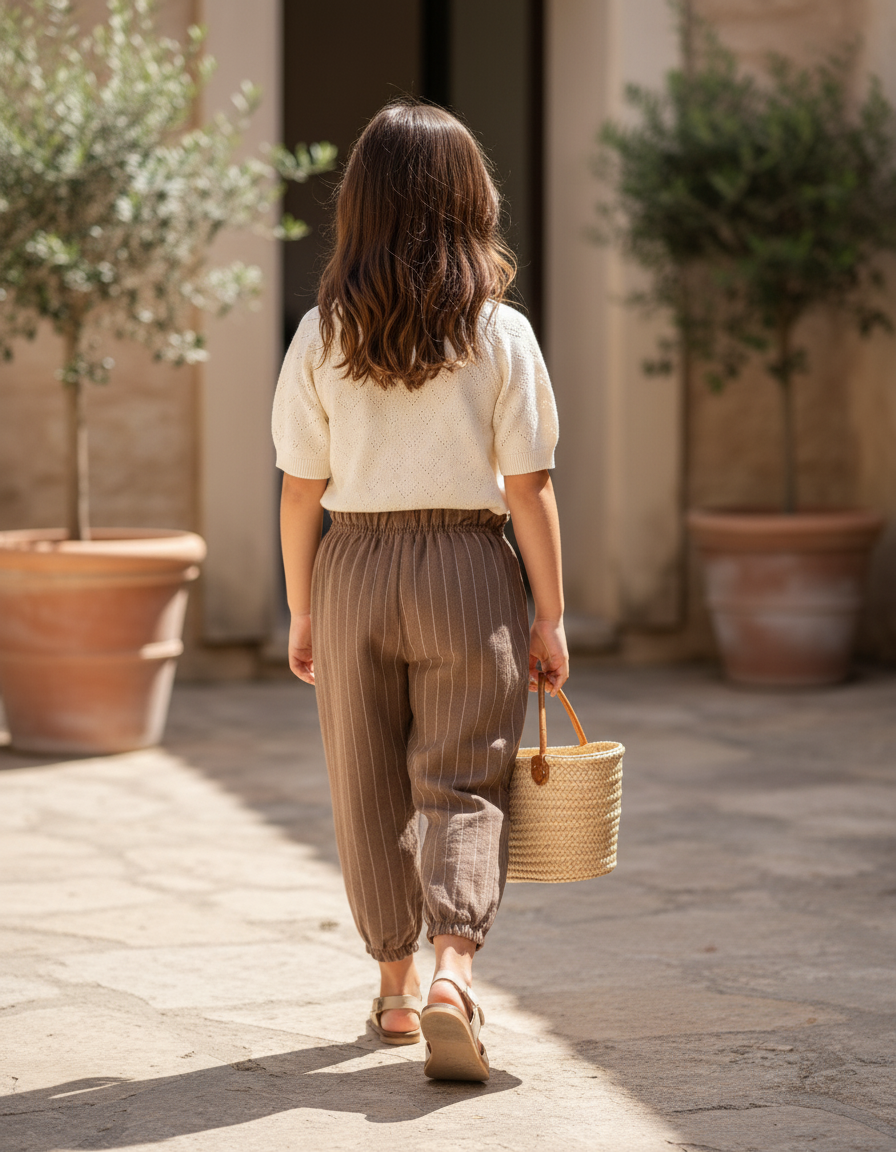 Pantalon En Lin Rayé Marron Ample Enfant - vue 2
