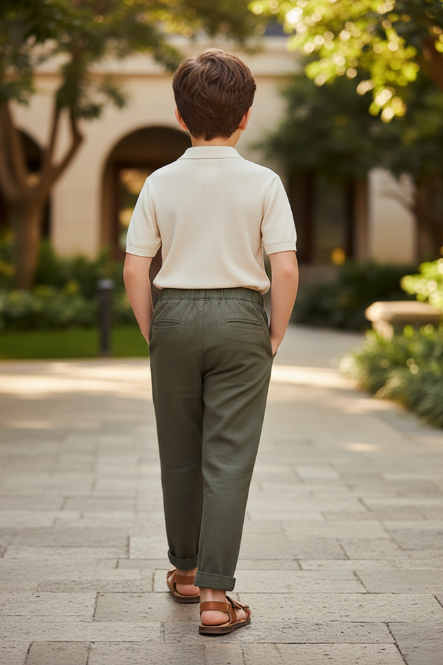 Pantalon En Lin Vert Garçon Ample Décontracté Coton - Kaki - vue 2