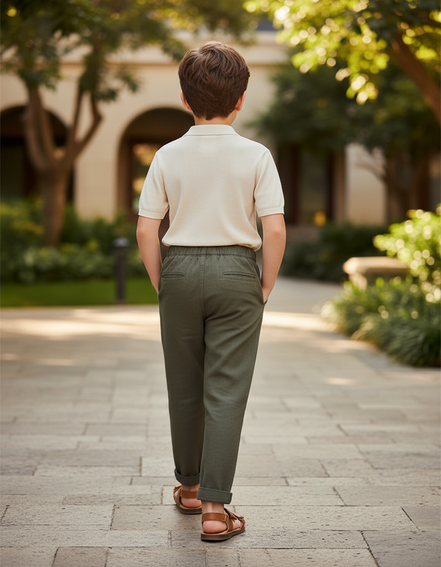 Pantalon En Lin Vert Garçon Ample Décontracté Coton - Kaki - vue 2