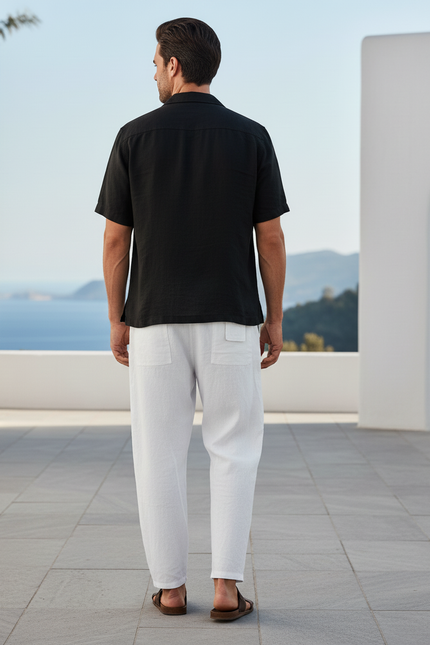 Pantalon En Lin Blanc Ample Décontracté Homme Cordon - vue 2
