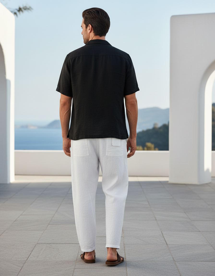 Pantalon En Lin Blanc Ample Décontracté Homme Cordon - vue 2