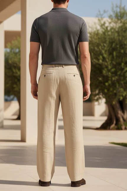 Pantalon En Lin Beige Ample Plissé Homme Décontracté - vue 2